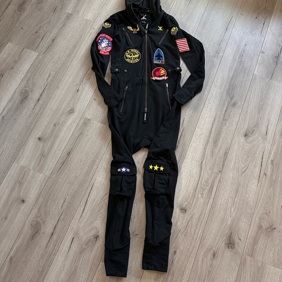 ONEPIECE Black Hooded Jumpsuit with Patches. - Picture 2 of 5